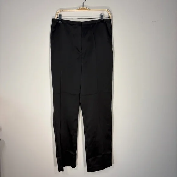 Black Satin Dress Pants Vintage Style Straight Leg Minimalist High Waist - Picture 3 of 12